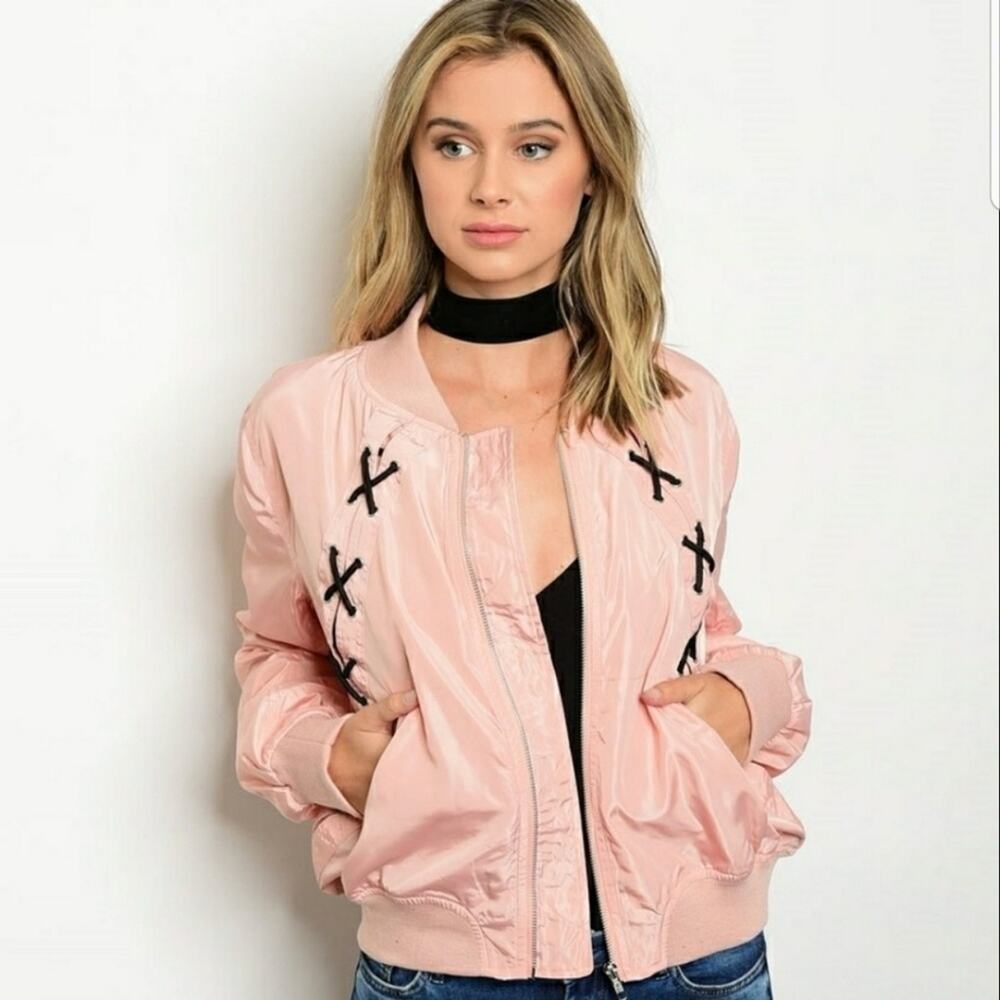 Brand New Nellis Lace Up Pink Satin Lace Up Bomber Jacket NWOT Size Medium